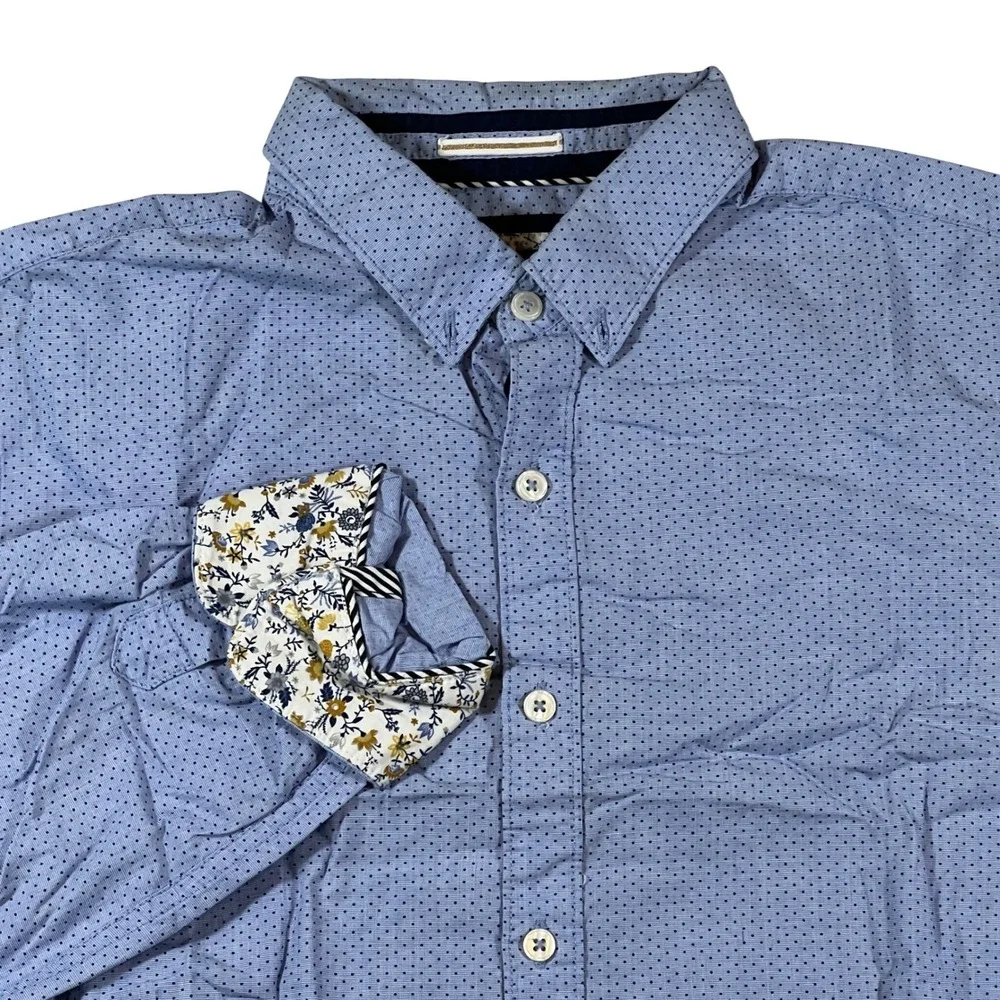 Denim & Flower Button Down Mens Medium Blue Polka‎ Dot Floral Cuff Dapper Shirt